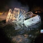 Motoristas morrem carbonizados após colisão frontal entre carreta e VW/ Saveiro na LMG 628